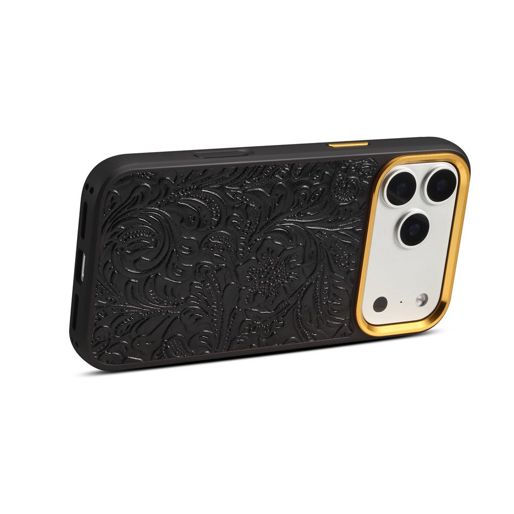 DENIOR A26+2 For iPhone 17 Pro Max Magnetic Case Retro Embossed Flower Genuine Cow Leather Coated PC + TPU Phone Cover with Metal Lens Frame