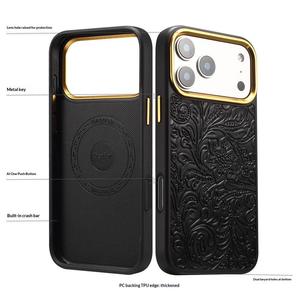 DENIOR A26+2 For iPhone 17 Pro Max Magnetic Case Retro Embossed Flower Genuine Cow Leather Coated PC + TPU Phone Cover with Metal Lens Frame