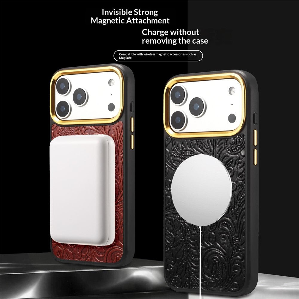 DENIOR A26+2 For iPhone 17 Pro Max Magnetic Case Retro Embossed Flower Genuine Cow Leather Coated PC + TPU Phone Cover with Metal Lens Frame