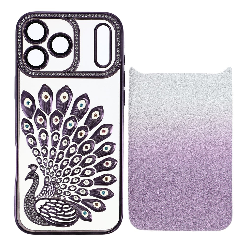 For iPhone 17 Pro Max Case 3D Peacock Electroplating Rhinestone TPU Phone Cover with Glitter Card