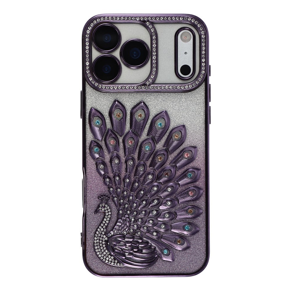 For iPhone 17 Pro Max Case 3D Peacock Electroplating Rhinestone TPU Phone Cover with Glitter Card