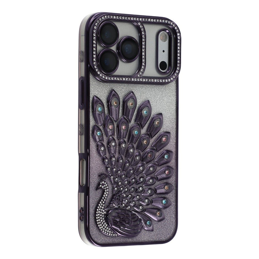 For iPhone 17 Pro Max Case 3D Peacock Electroplating Rhinestone TPU Phone Cover with Glitter Card