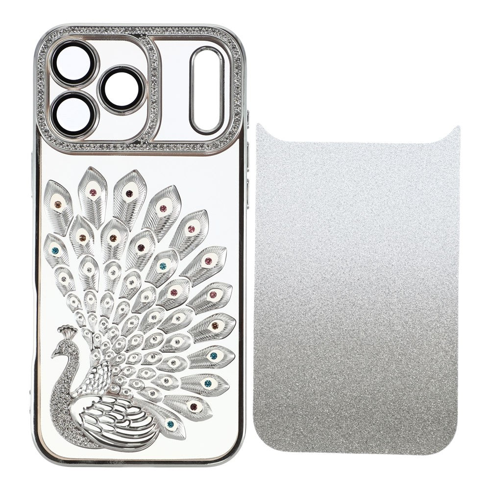 For iPhone 17 Pro Max Case 3D Peacock Electroplating Rhinestone TPU Phone Cover with Glitter Card