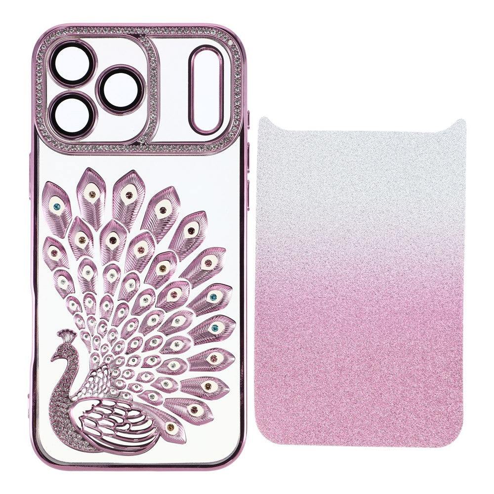 For iPhone 17 Pro Max Case 3D Peacock Electroplating Rhinestone TPU Phone Cover with Glitter Card