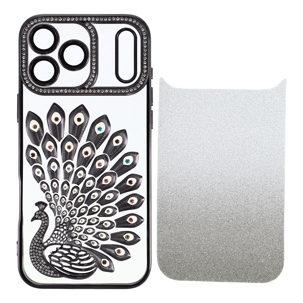 For iPhone 17 Pro Max Case 3D Peacock Electroplating Rhinestone TPU Phone Cover with Glitter Card