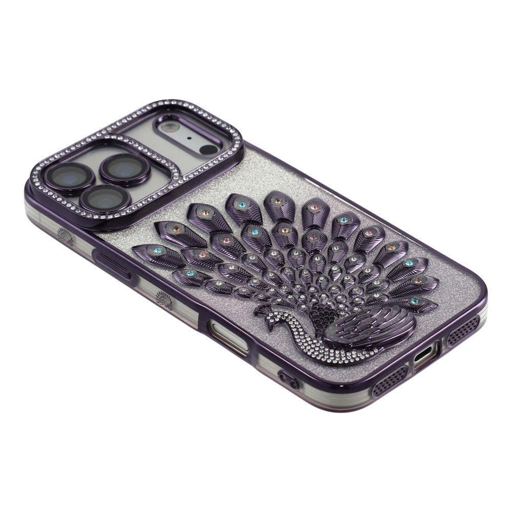 For iPhone 17 Pro Case 3D Peacock Electroplating Rhinestone TPU Phone Cover with Glitter Card