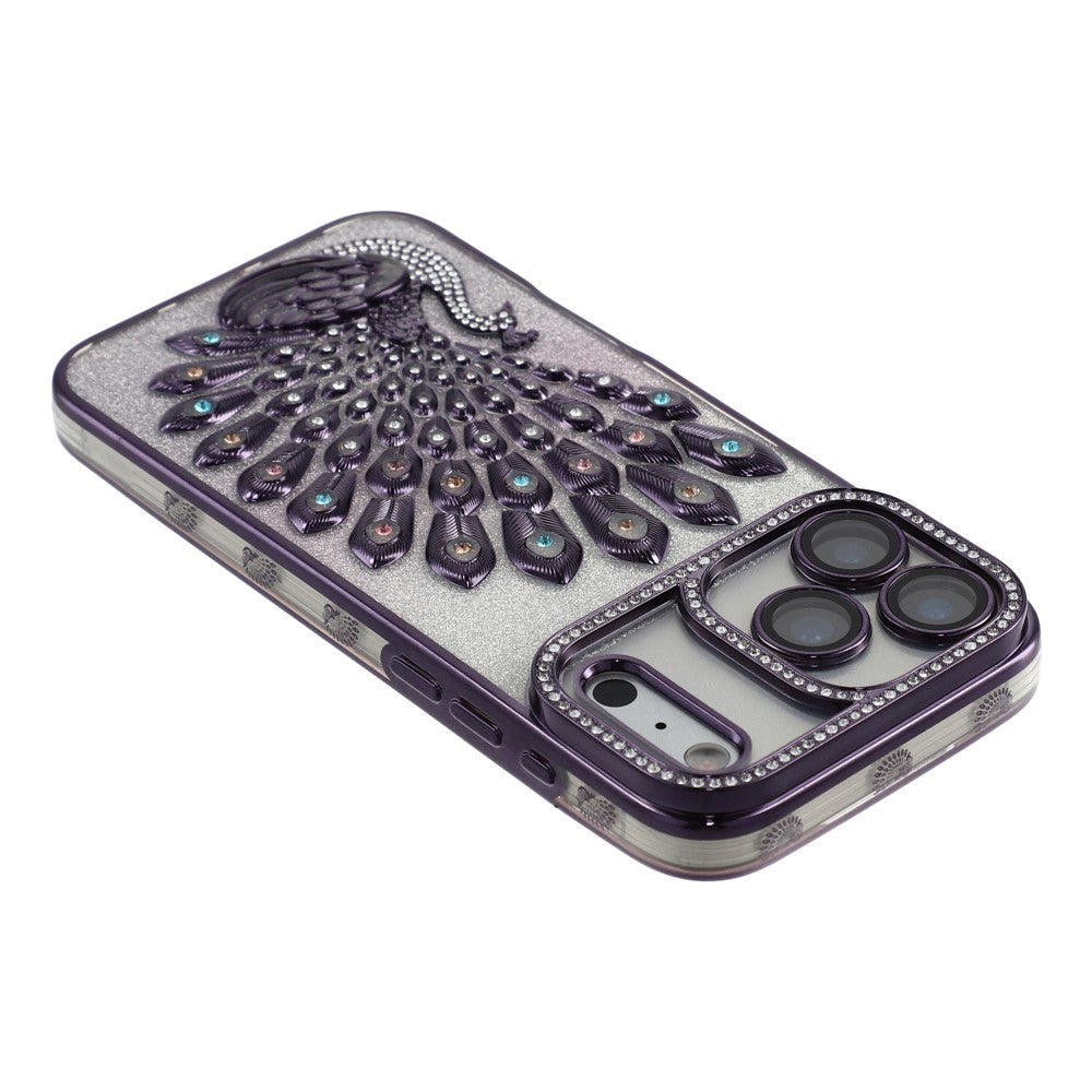 For iPhone 17 Pro Case 3D Peacock Electroplating Rhinestone TPU Phone Cover with Glitter Card