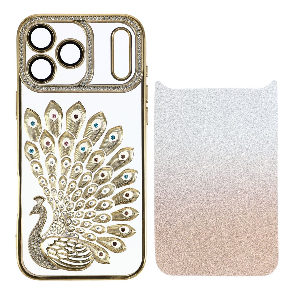 For iPhone 17 Pro Case 3D Peacock Electroplating Rhinestone TPU Phone Cover with Glitter Card