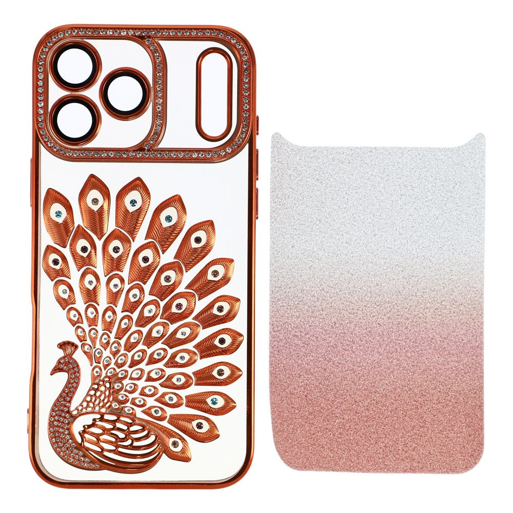 For iPhone 17 Pro Case 3D Peacock Electroplating Rhinestone TPU Phone Cover with Glitter Card
