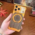 For iPhone 17 Pro Frameless Case Magnetic Kickstand Horse Pattern Walnut Wood Shockproof Phone Cover