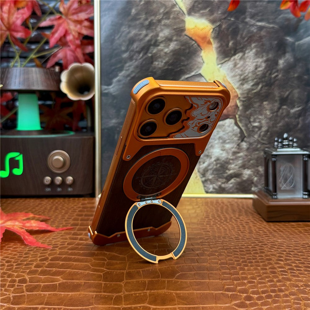 For iPhone 17 Pro Frameless Case Magnetic Kickstand Horse Pattern Walnut Wood Shockproof Phone Cover