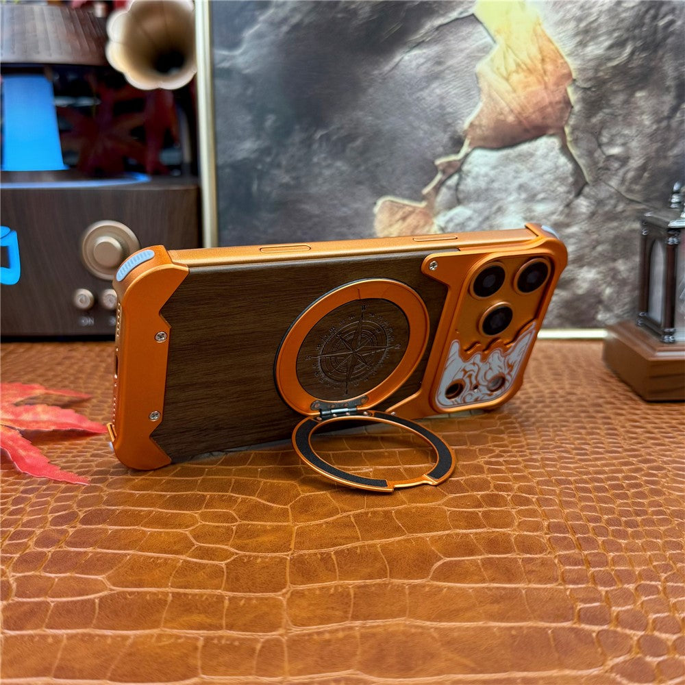 For iPhone 17 Pro Frameless Case Magnetic Kickstand Horse Pattern Walnut Wood Shockproof Phone Cover