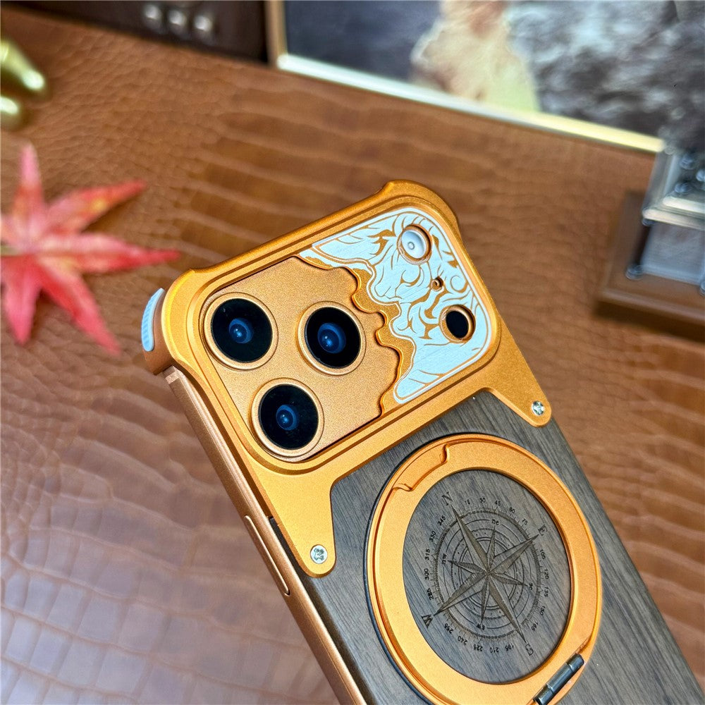 For iPhone 17 Pro Frameless Case Magnetic Kickstand Horse Pattern Walnut Wood Shockproof Phone Cover