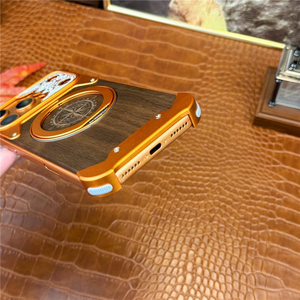 For iPhone 17 Pro Frameless Case Magnetic Kickstand Horse Pattern Walnut Wood Shockproof Phone Cover