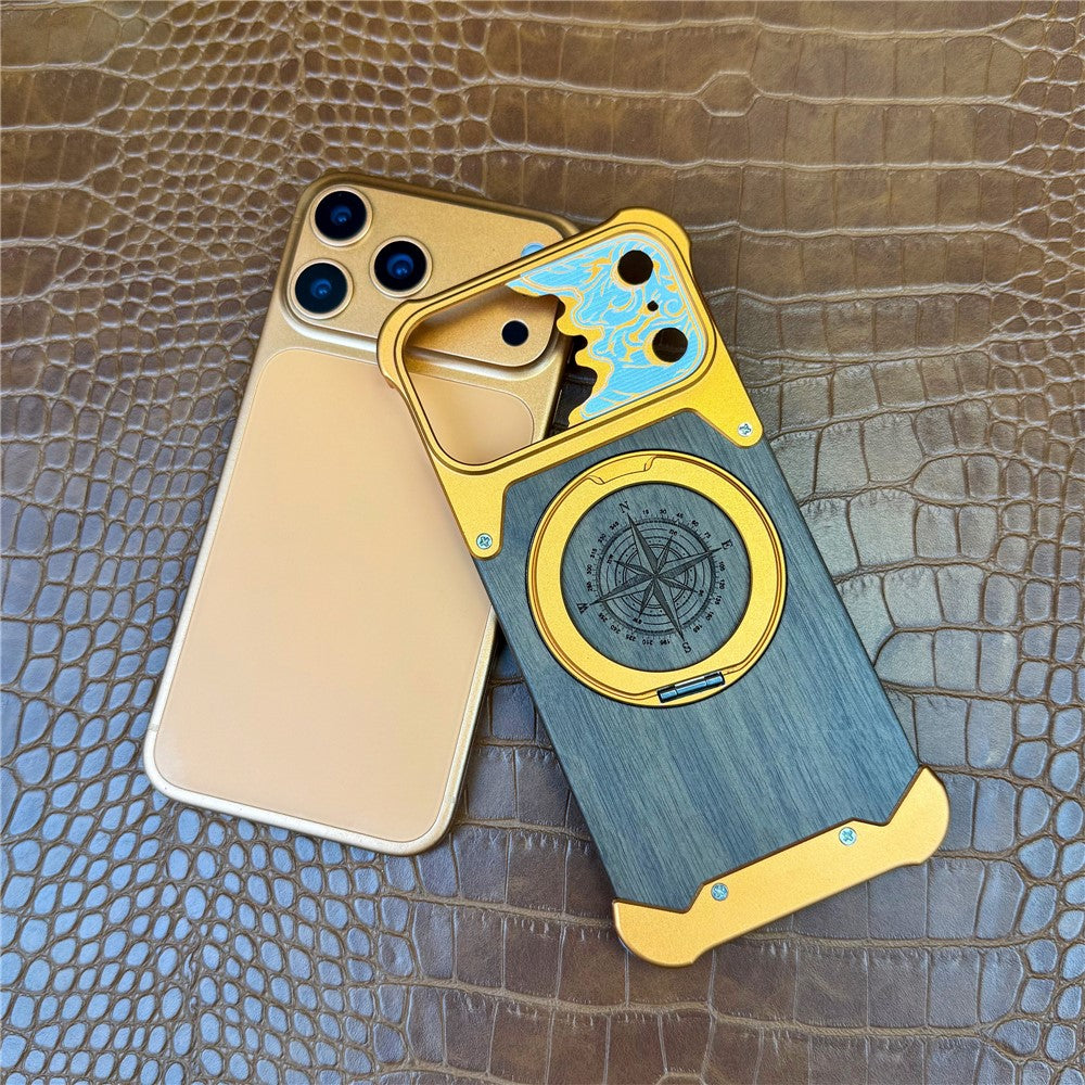 For iPhone 17 Pro Frameless Case Magnetic Kickstand Horse Pattern Walnut Wood Shockproof Phone Cover