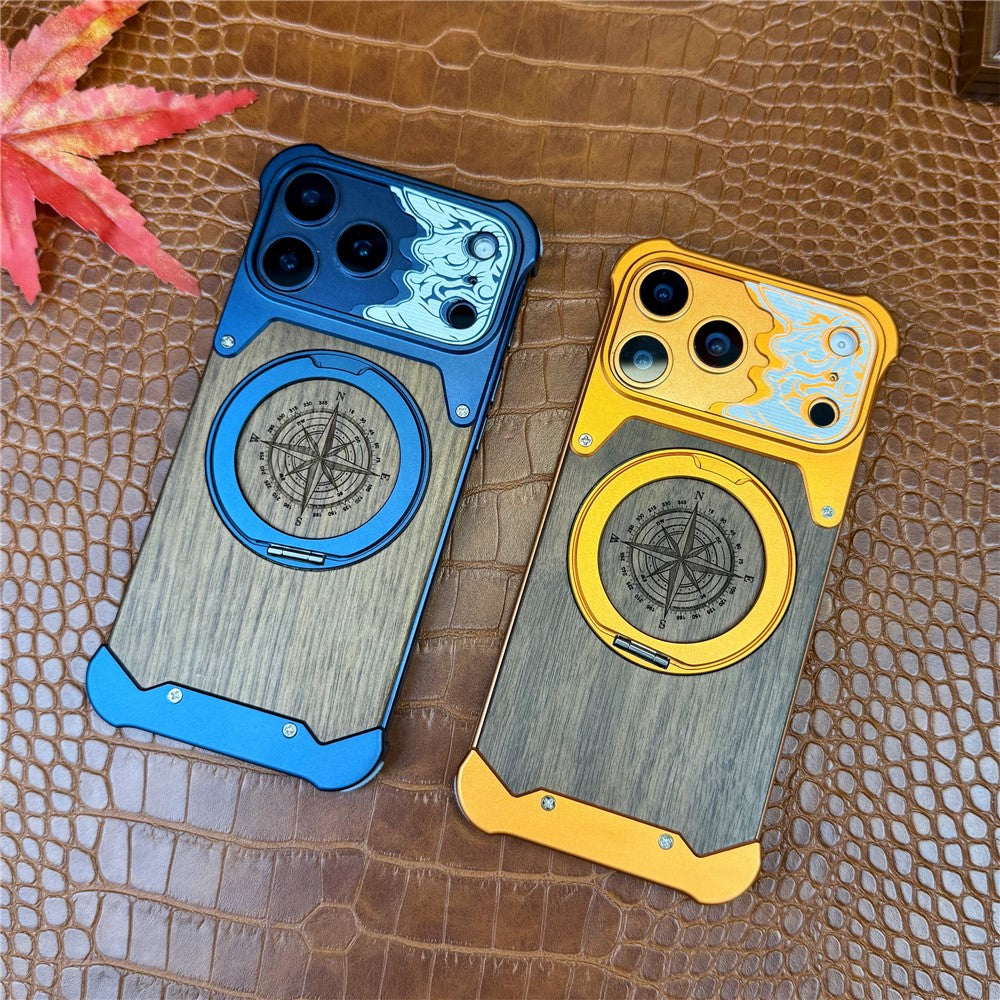 For iPhone 17 Pro Frameless Case Magnetic Kickstand Horse Pattern Walnut Wood Shockproof Phone Cover