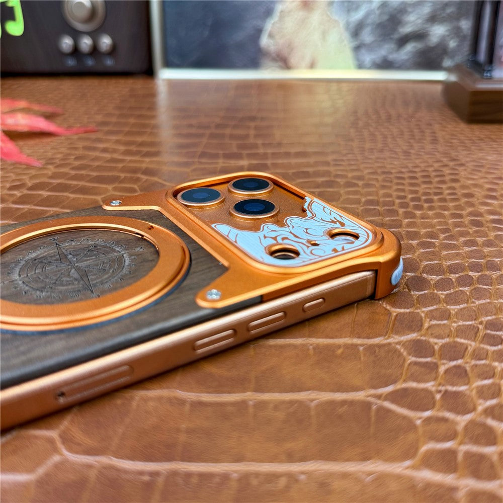 For iPhone 17 Pro Frameless Case Magnetic Kickstand Horse Pattern Walnut Wood Shockproof Phone Cover