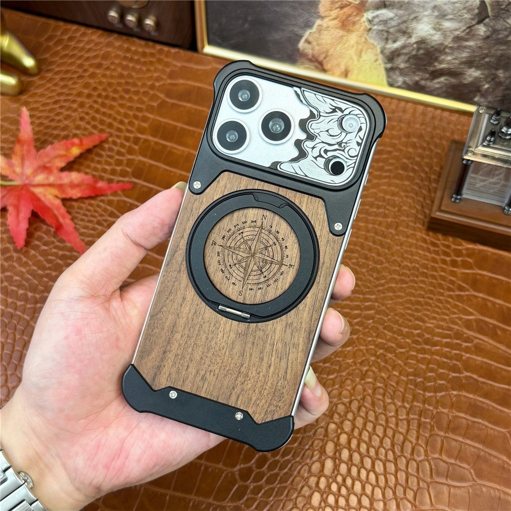 For iPhone 17 Pro Frameless Case Magnetic Kickstand Horse Pattern Walnut Wood Shockproof Phone Cover