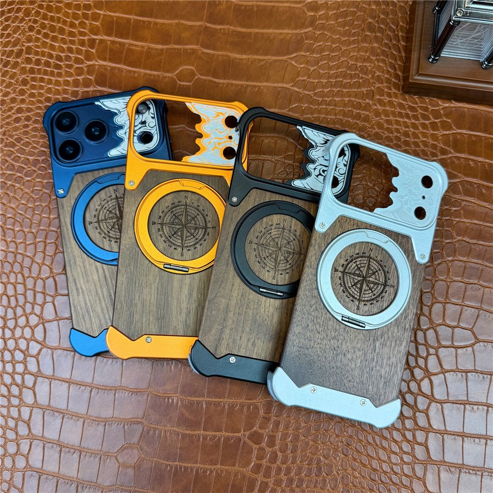 For iPhone 17 Pro Max Frameless Case Magnetic Kickstand Horse Pattern Walnut Wood Shockproof Phone Cover