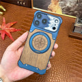 For iPhone 17 Pro Max Frameless Case Magnetic Kickstand Horse Pattern Walnut Wood Shockproof Phone Cover