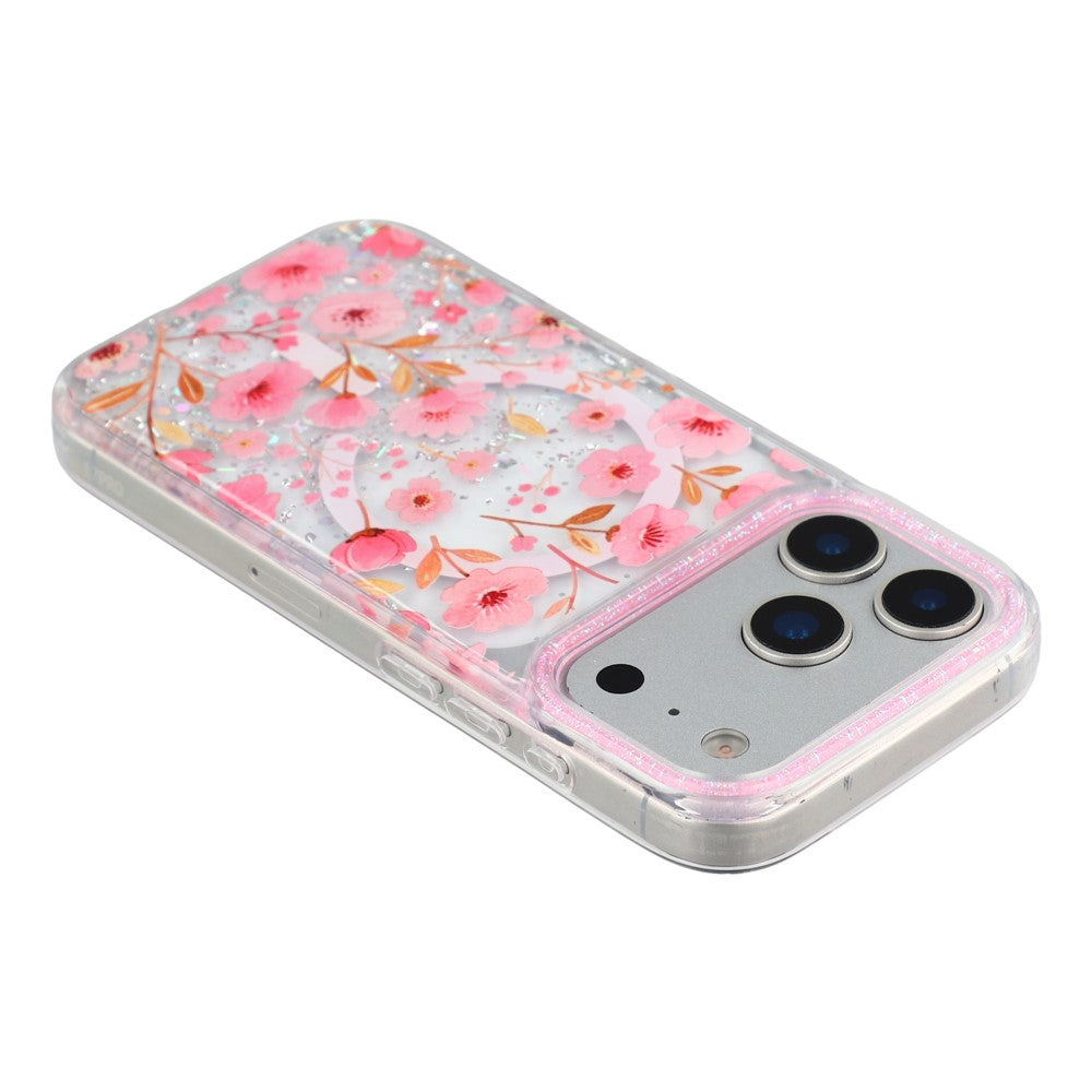 For iPhone 17 Pro Max Magnetic Case Glitter Epoxy PC + TPU Floral Aesthetic Phone Cover