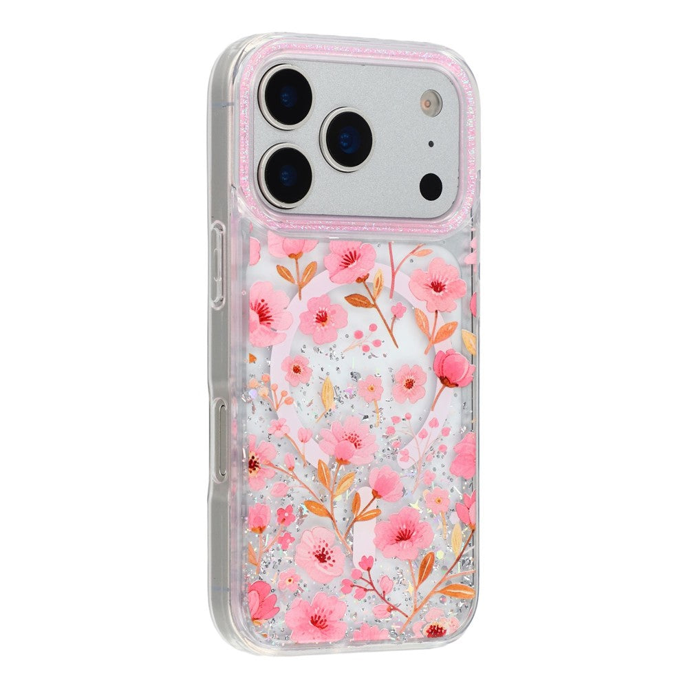 For iPhone 17 Pro Magnetic Case Glitter Epoxy PC + TPU Floral Aesthetic Phone Cover