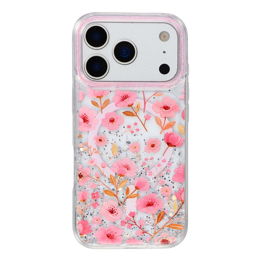 For iPhone 17 Pro Magnetic Case Glitter Epoxy PC + TPU Floral Aesthetic Phone Cover