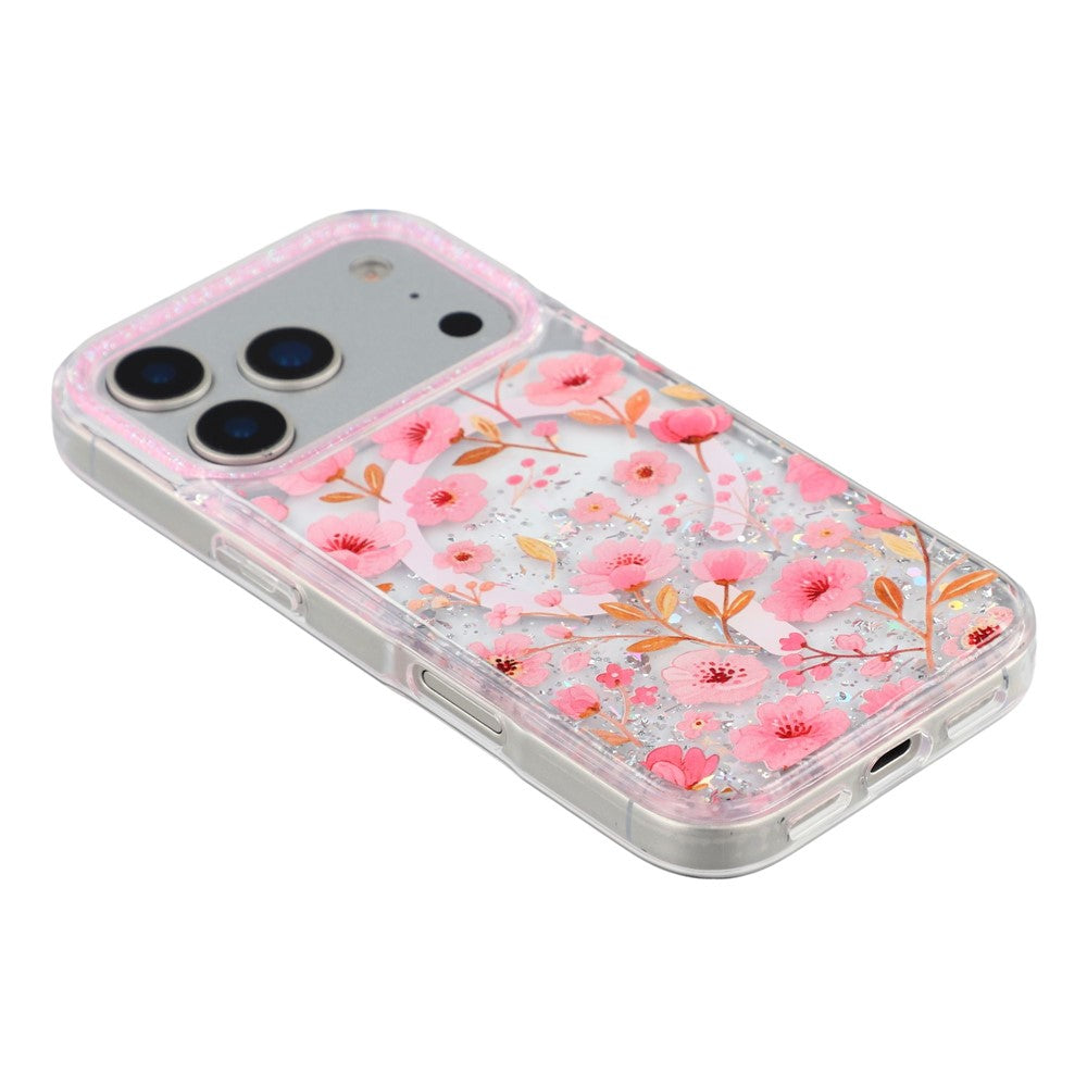 For iPhone 17 Pro Magnetic Case Glitter Epoxy PC + TPU Floral Aesthetic Phone Cover