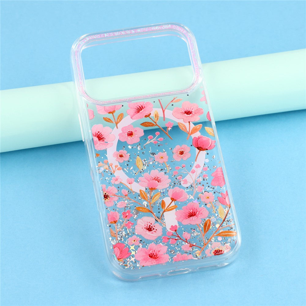 For iPhone 17 Pro Magnetic Case Glitter Epoxy PC + TPU Floral Aesthetic Phone Cover