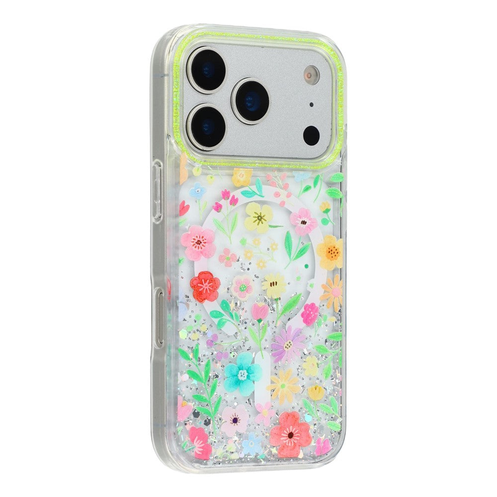 For iPhone 17 Pro Magnetic Case Glitter Epoxy PC + TPU Floral Aesthetic Phone Cover