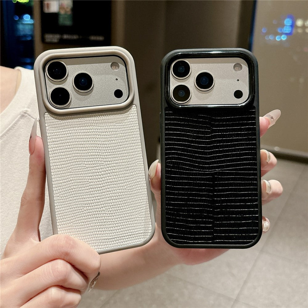 For iPhone 17 Pro Case Textured Genuine Cow Leather + PC + TPU Protective Cover
