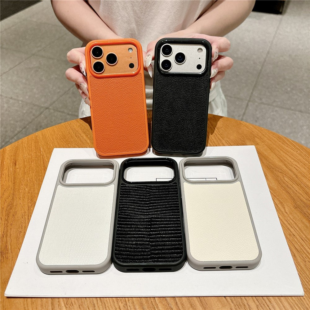 For iPhone 17 Pro Max Case Textured Genuine Cow Leather + PC + TPU Protective Cover
