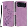 For iPhone 18 Pro Max / 17 Pro Max Wallet Case Butterfly Flower Imprint PU Leather Phone Cover with Wrist Strap