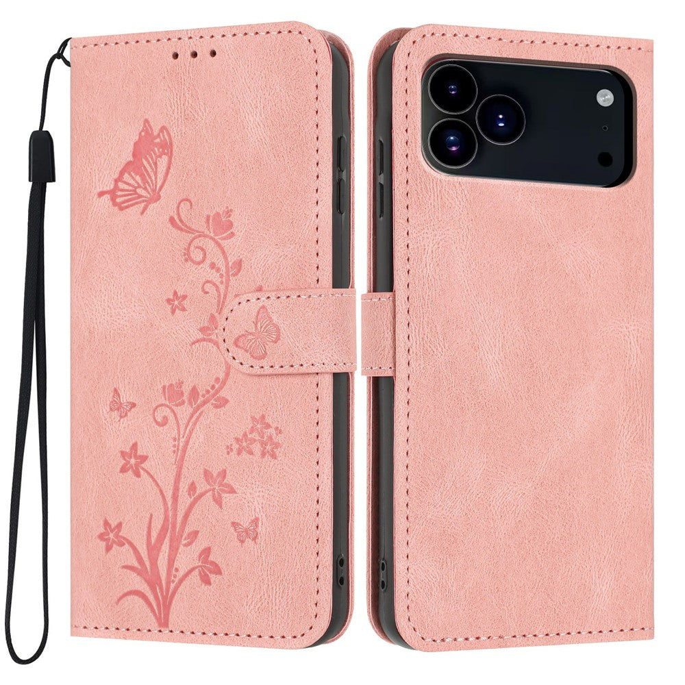 For iPhone 18 Pro / 17 Pro Wallet Case Butterfly Flower Imprint PU Leather Phone Cover with Wrist Strap