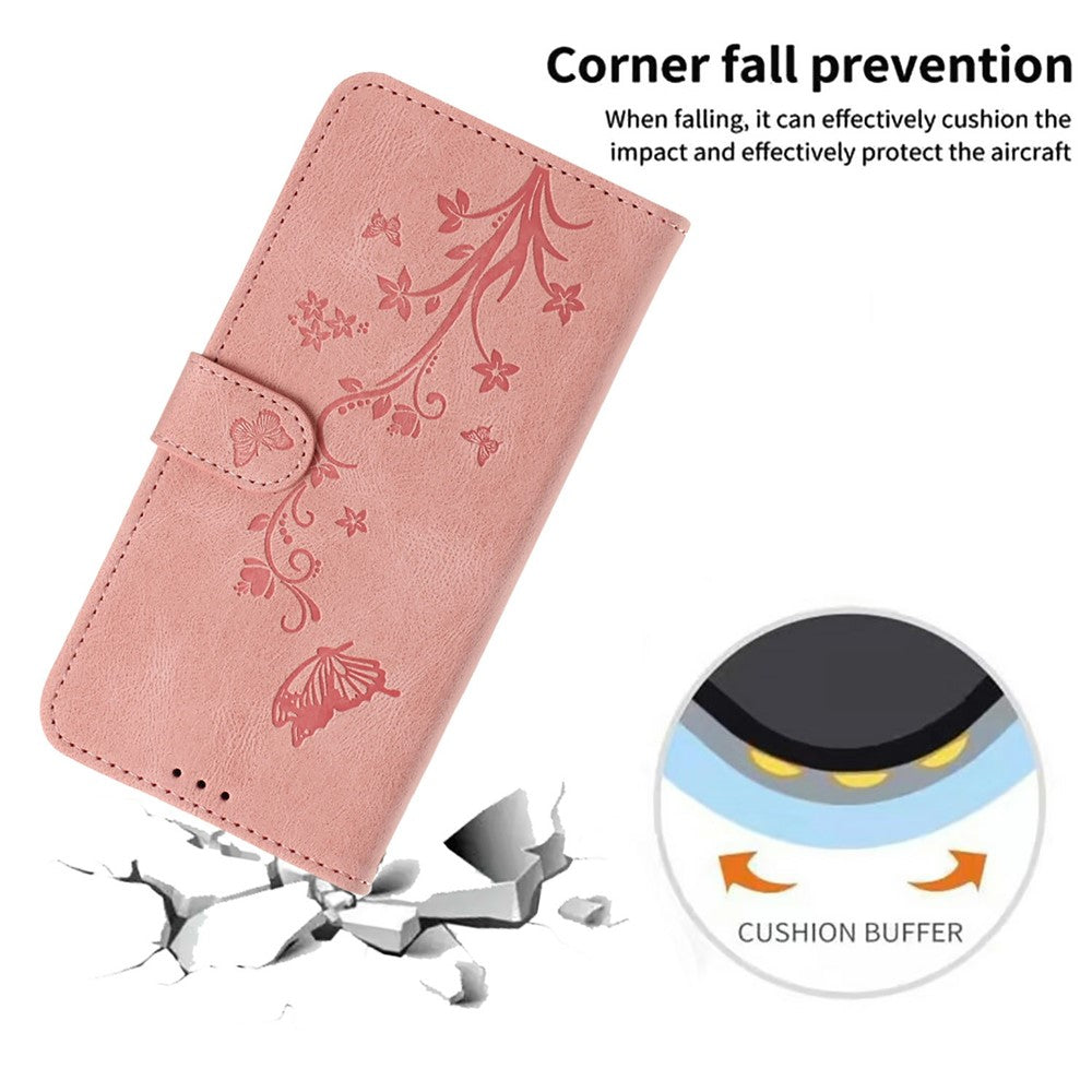 For iPhone 18 Pro / 17 Pro Wallet Case Butterfly Flower Imprint PU Leather Phone Cover with Wrist Strap