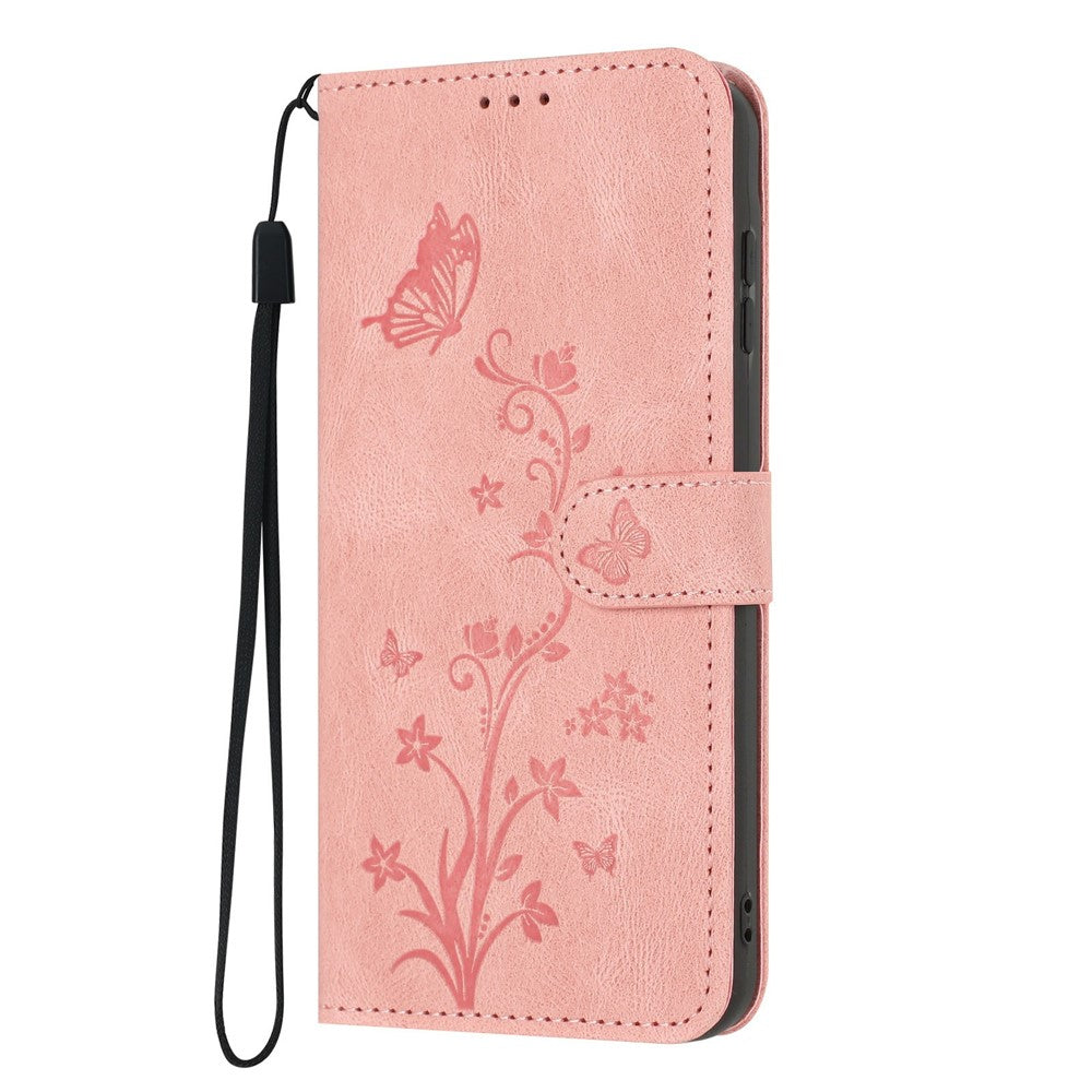 For iPhone 18 Pro / 17 Pro Wallet Case Butterfly Flower Imprint PU Leather Phone Cover with Wrist Strap