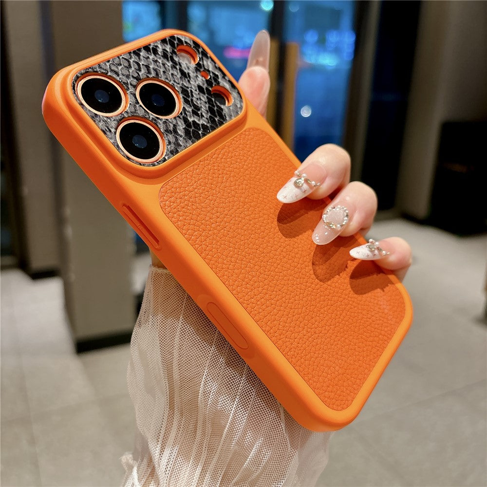 For iPhone 17 Pro TPU Case Genuine Cow Leather Litchi Texture + Snake Texture Protective Cover