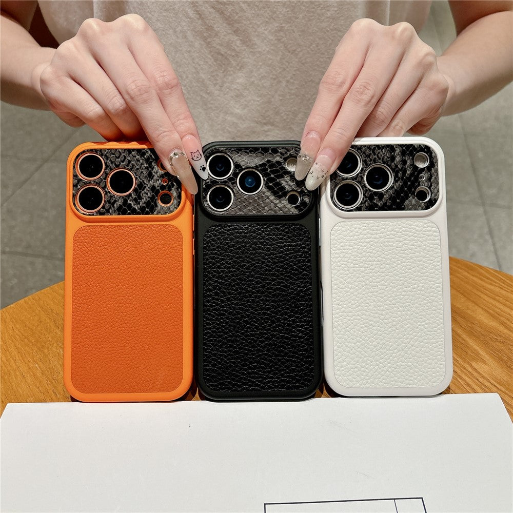 For iPhone 17 Pro TPU Case Genuine Cow Leather Litchi Texture + Snake Texture Protective Cover