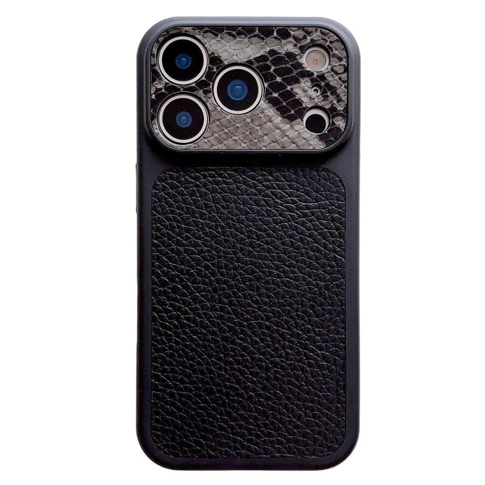 For iPhone 17 Pro TPU Case Genuine Cow Leather Litchi Texture + Snake Texture Protective Cover