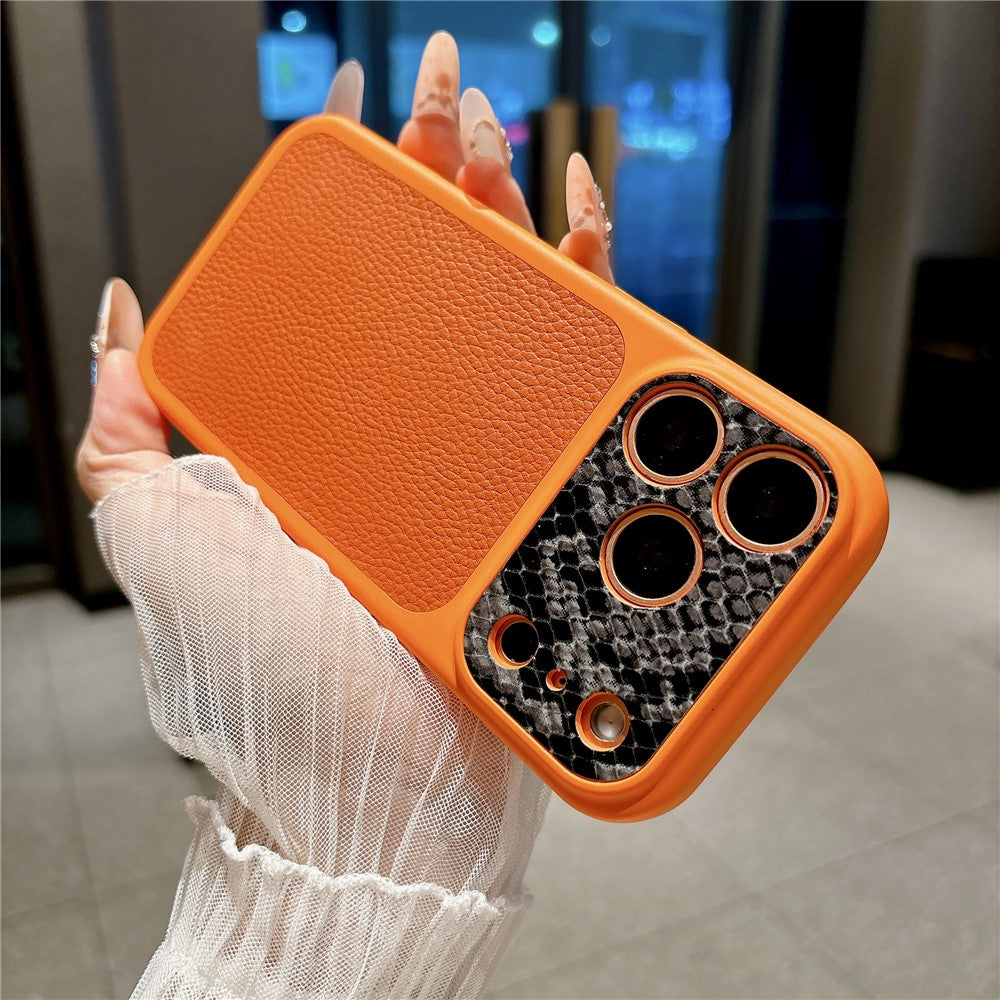 For iPhone 17 Pro Max TPU Case Genuine Cow Leather Litchi Texture + Snake Texture Protective Cover