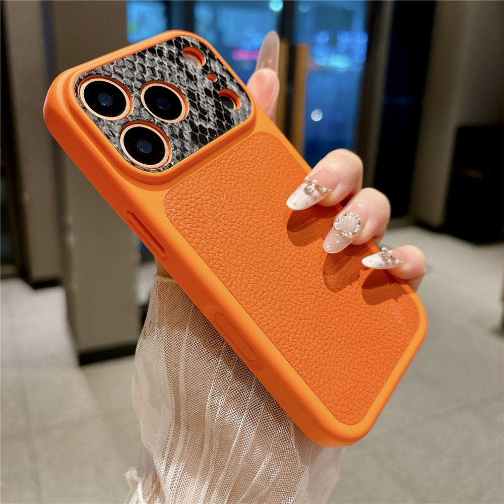 For iPhone 17 Pro Max TPU Case Genuine Cow Leather Litchi Texture + Snake Texture Protective Cover