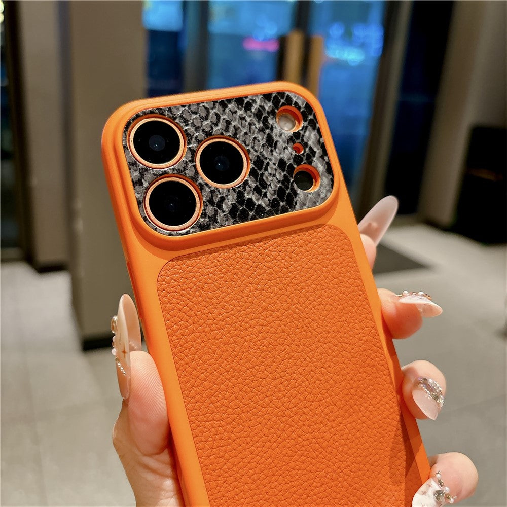 For iPhone 17 Pro Max TPU Case Genuine Cow Leather Litchi Texture + Snake Texture Protective Cover