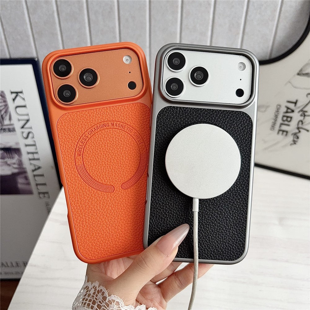 For iPhone 17 Pro Max Magnetic Case Litchi Texture PU Leather Coated PC + TPU Phone Back Cover