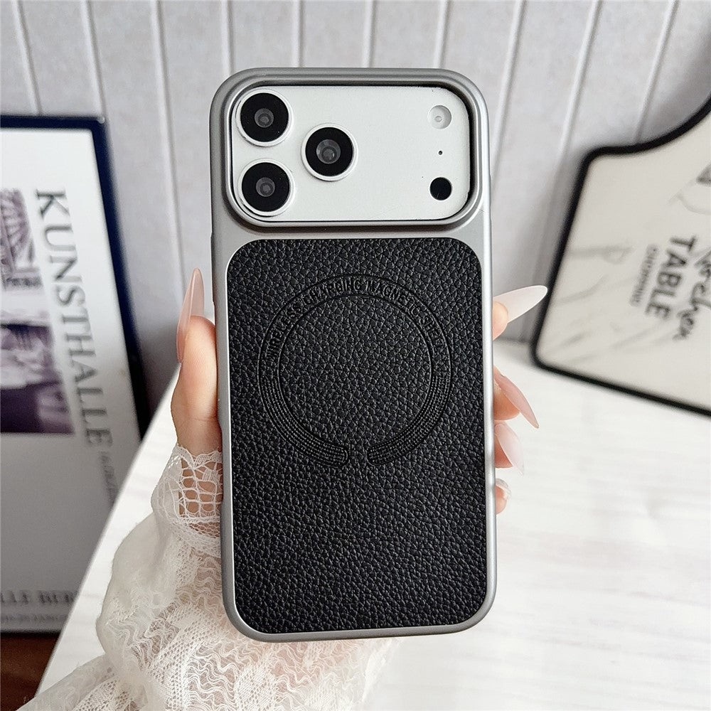For iPhone 17 Pro Max Magnetic Case Litchi Texture PU Leather Coated PC + TPU Phone Back Cover