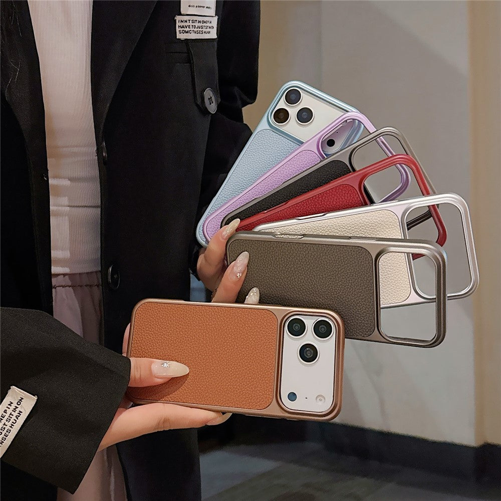 For iPhone 17 Pro Max Case Metal Paint Litchi Texture Leather Coated PC + TPU Protective Phone Cover