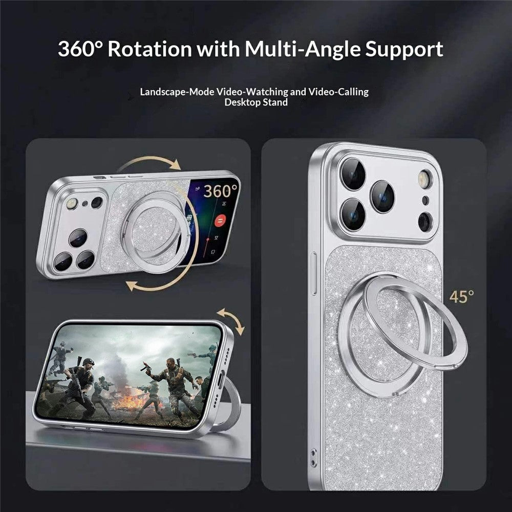 For iPhone 17 Pro Max Case Rotating Magnetic Kickstand Glitter PU Leather Phone Back Cover