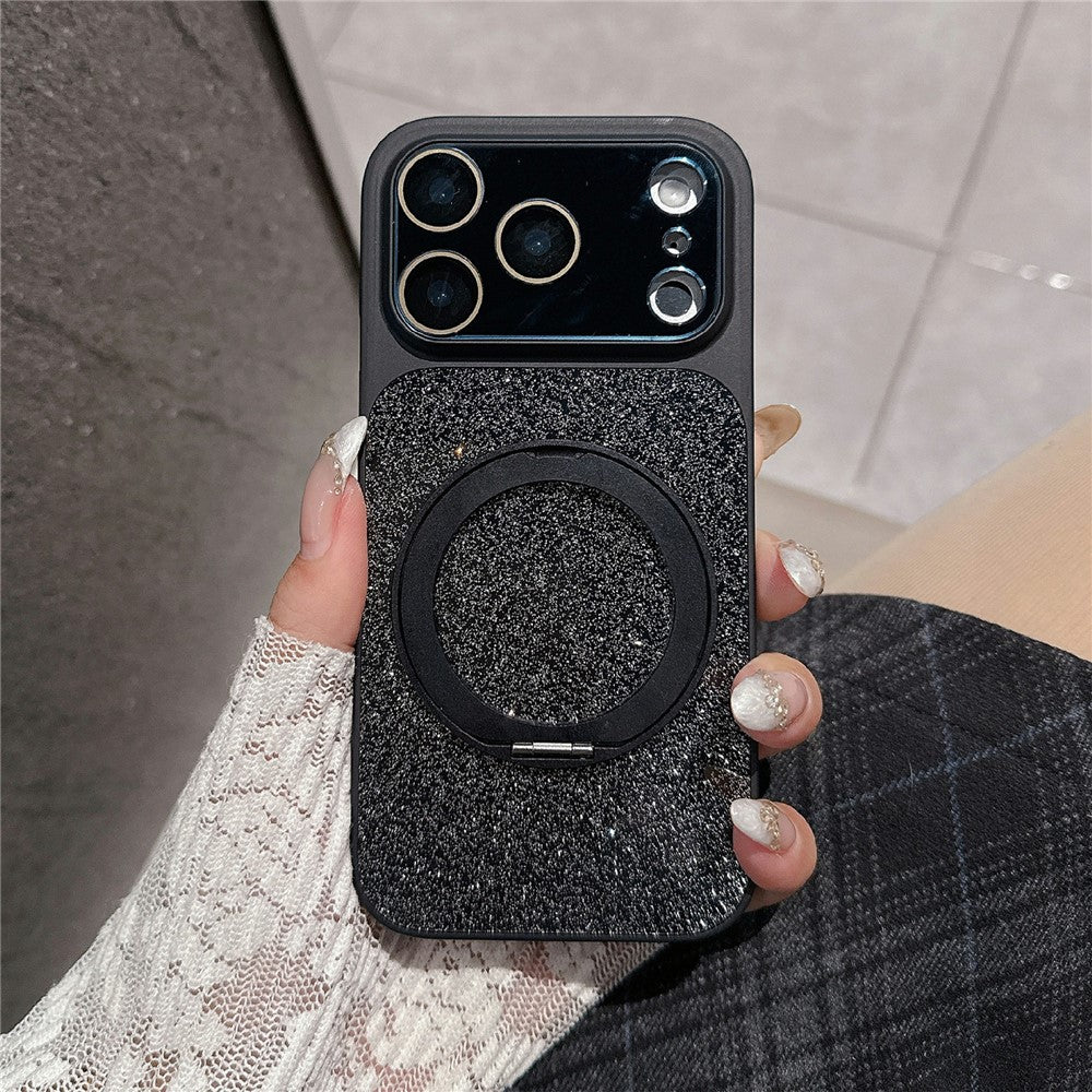 For iPhone 17 Pro Case Rotating Magnetic Kickstand Glitter PU Leather Phone Back Cover
