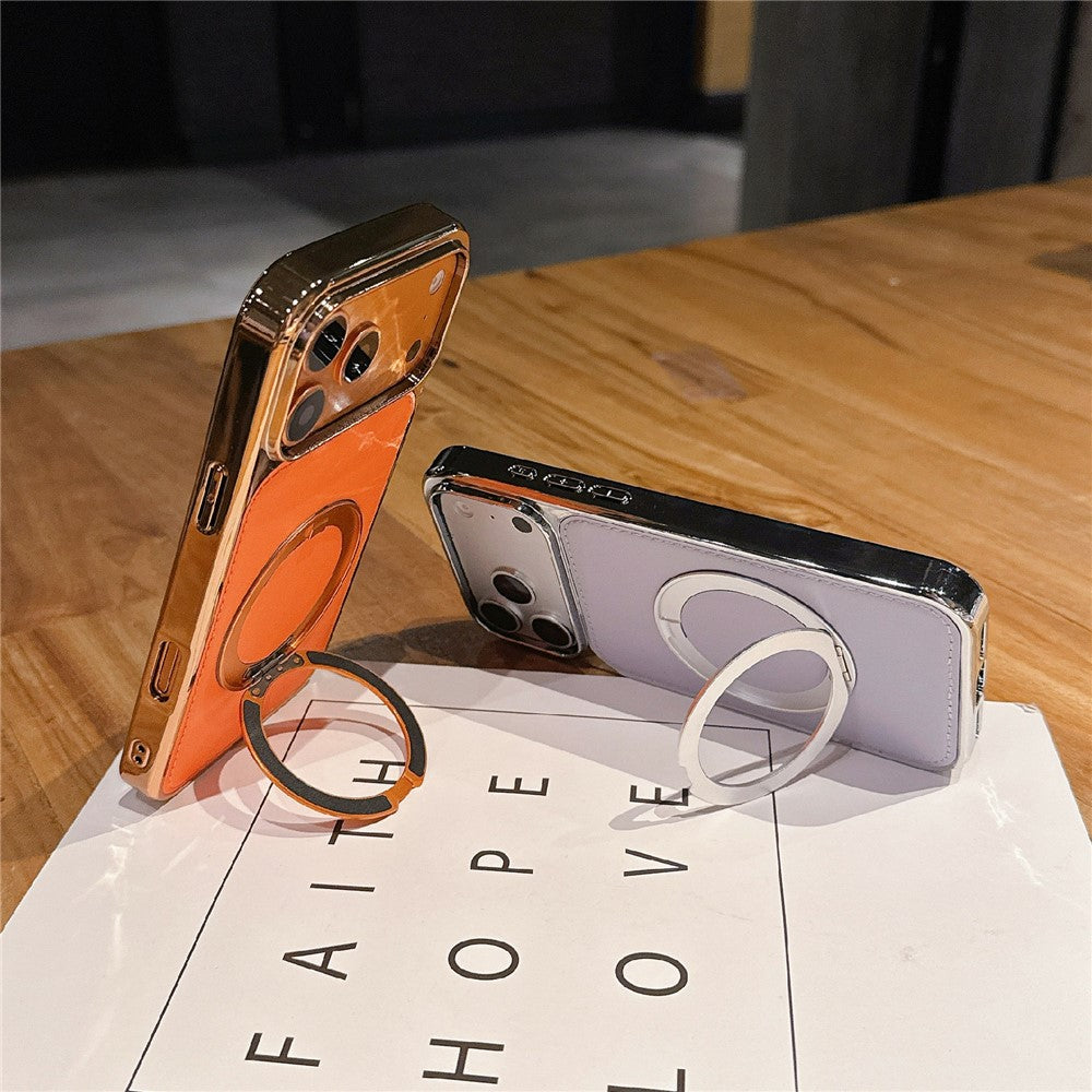 For iPhone 17 Pro Max Case Rotating Magnetic Kickstand Leather Coated PC + TPU Protective Cover