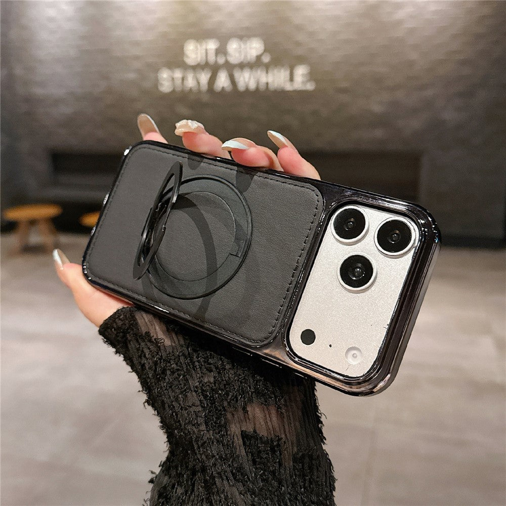 For iPhone 17 Pro Max Case Rotating Magnetic Kickstand Leather Coated PC + TPU Protective Cover