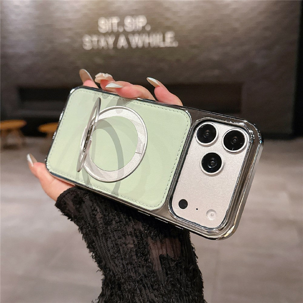 For iPhone 17 Pro Max Case Rotating Magnetic Kickstand Leather Coated PC + TPU Protective Cover